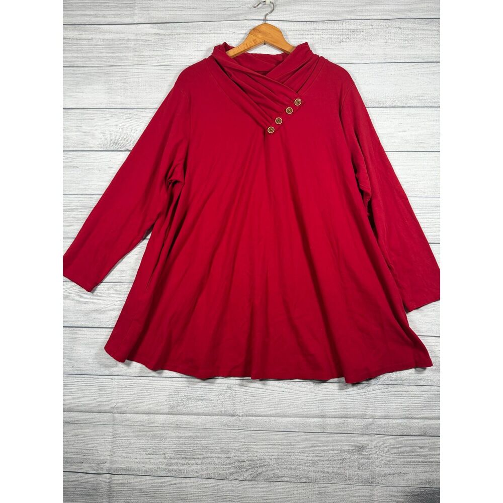 Larace Womens 5X Red Cowl Neck Button Detail Long Sleeve Tunic Top 4230